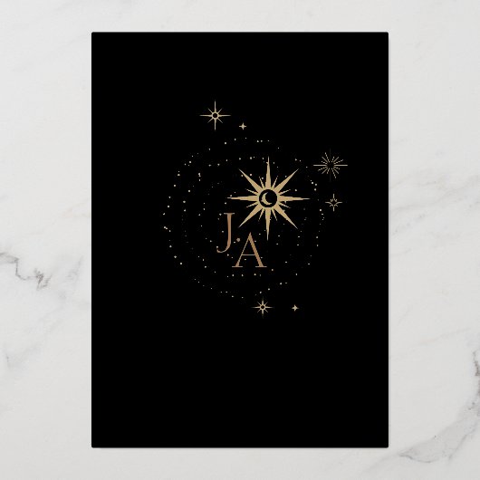 Celestial Black Stars en gouden bruiloft Folie Uitnodiging (Achterkant)