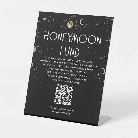 Celestial Black Wedding Honeymoon Fund Reclamebord Met Voetstuk (Voorkant)