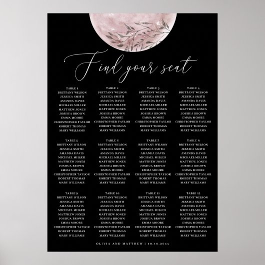 Celestial Black Wedding Seating Chart | Blush Moon Poster (Voorkant)