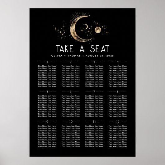 Celestial Black Wedding Seating Chart Poster (Voorkant)