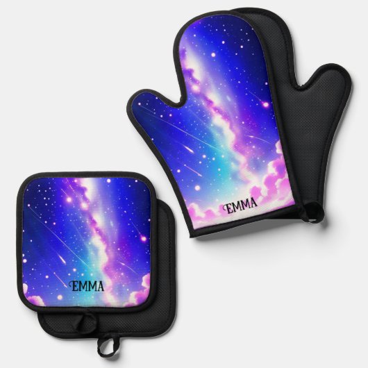 Celestial Blauw en Roze Galaxy Aangepaste Naam Ovenwant & Pannenlap Set (Voorkant / Achterkant)