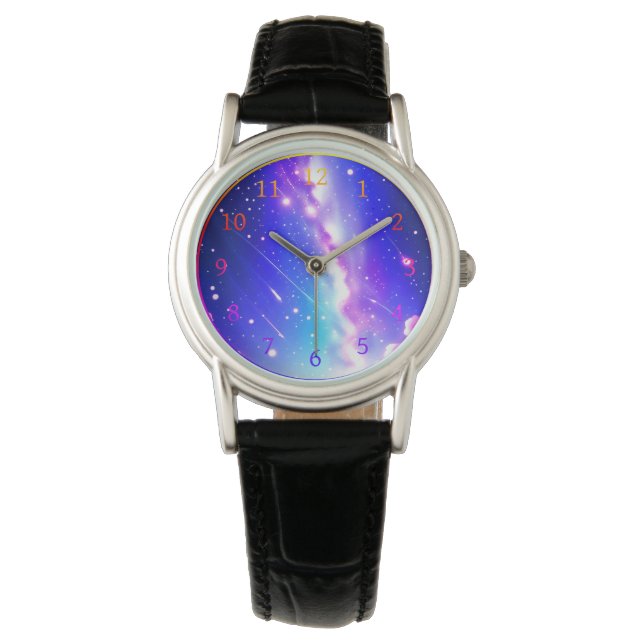 Celestial Blauw en Roze Galaxy Horloge (Voorkant)