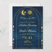 Celestial Blauw Goud Maan Zon Monogram RSVP QR Cod Kaart (Voorkant)