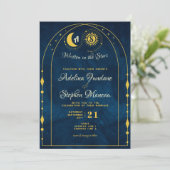 Celestial Blauw Goud Maan Zon Monogram RSVP QR Cod Kaart (Staand voorkant)