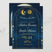 Celestial Blauw Goud Maan Zon Monogram RSVP QR Cod Kaart (Voorkant / Achterkant)