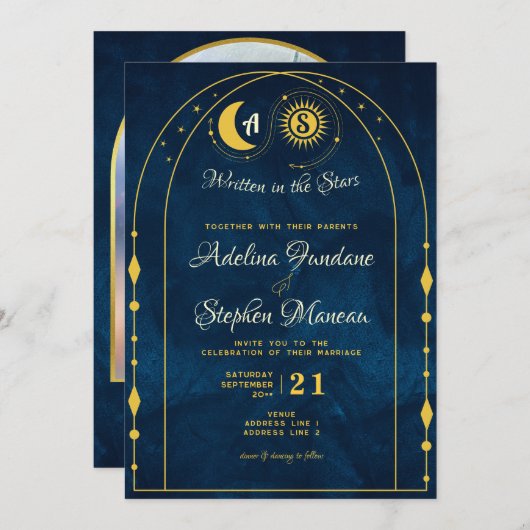 Celestial Blauw Goud Maan Zon Monogram RSVP QR Cod Kaart (Voorkant / Achterkant)