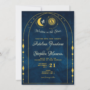 Celestial Blauw Goud Maan Zon Monogram RSVP QR Cod Kaart