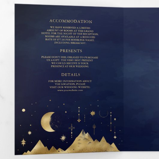 Celestial Blauw Gouden Halve Maan Fasen Bruiloft Drieluik Uitnodiging (Binnenzijde eerst)