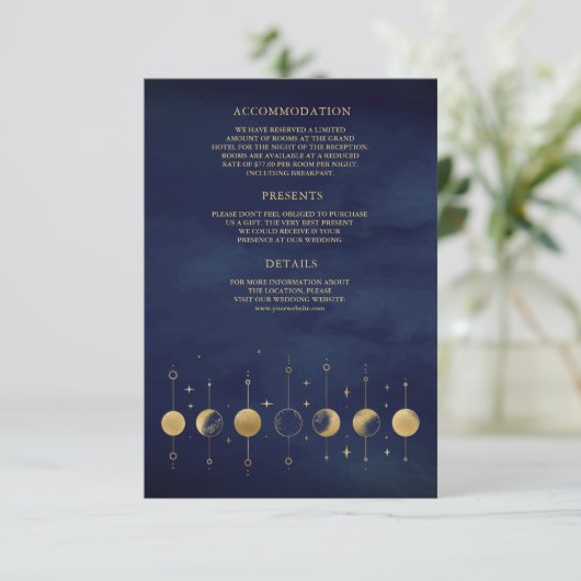 Celestial Blauw Gouden Halve Maan Fasen Bruiloft Informatiekaartje (Staand voorkant)