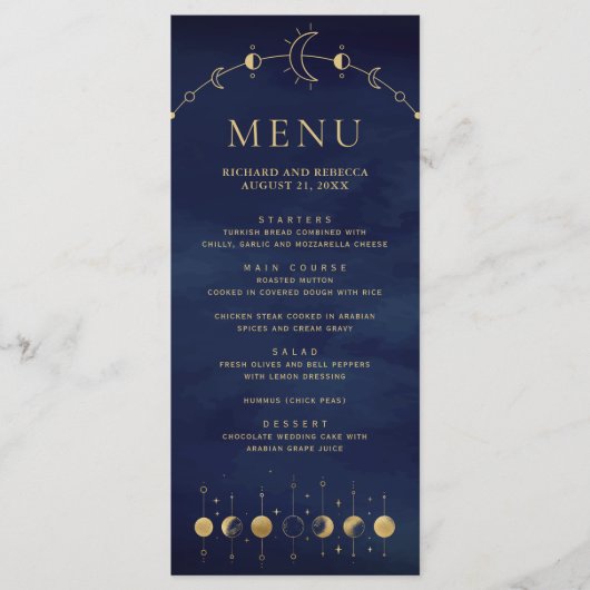 Celestial Blauw Gouden Halve Maan Fasen Bruiloft Menu (Voorkant)