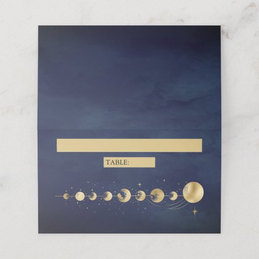 Celestial Blauw Gouden Halve Maan Fasen Bruiloft Plaatskaartje (Buitenkant ongevouwen)