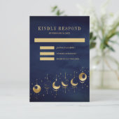 Celestial Blauw Gouden Halve Maan Fasen Bruiloft RSVP Kaartje (Staand voorkant)
