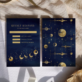 Celestial Blauw Gouden Halve Maan Fasen Bruiloft RSVP Kaartje