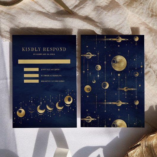 Celestial Blauw Gouden Halve Maan Fasen Bruiloft RSVP Kaartje