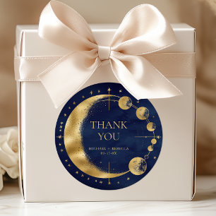 Celestial Blauw Gouden Maan Fasen Bruiloft Dank u Ronde Sticker
