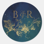 Celestial Blauw, Groene Huwelijksenvelop Seal/Favo Ronde Sticker (Voorkant)