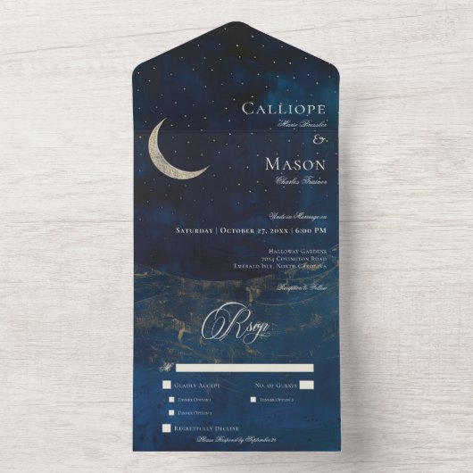Celestial Blauwe Halve Maan Bruiloft Diner All In One Uitnodiging (Binnen)