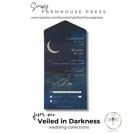 Celestial Blauwe Halve Maan Bruiloft Geen Diner All In One Uitnodiging