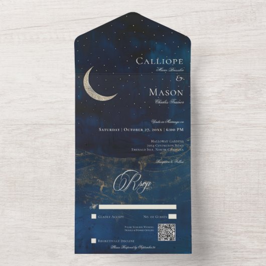 Celestial Blauwe Halve Maan Huwelijk QR Code All In One Uitnodiging (Binnen)