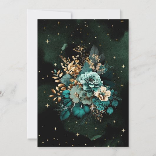 Celestial Bloemen Blauwgroen Sterren Maan Bruiloft Kaart (Achterkant)