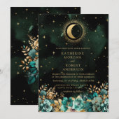 Celestial Bloemen Blauwgroen Sterren Maan Bruiloft Kaart (Voorkant / Achterkant)