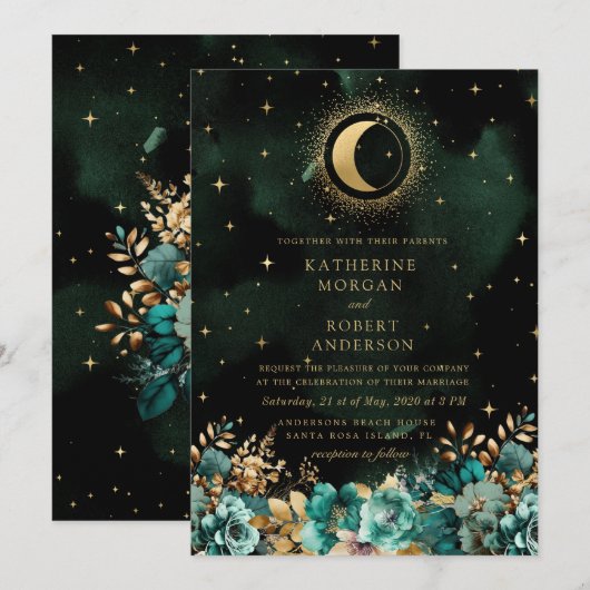 Celestial Bloemen Blauwgroen Sterren Maan Bruiloft Kaart (Voorkant / Achterkant)