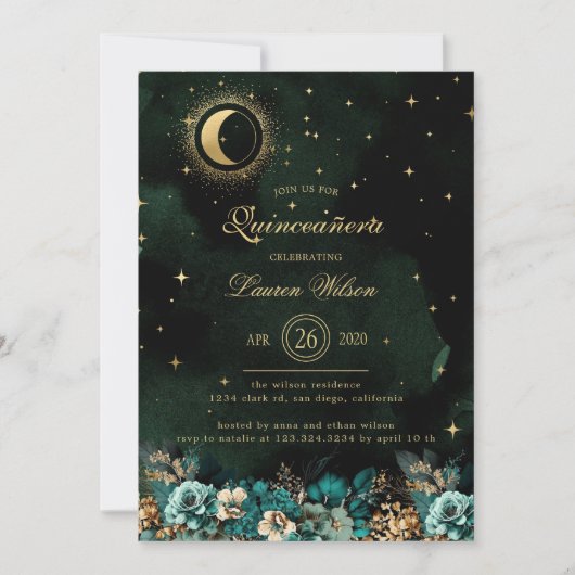 Celestial Bloemen Groen Goud Sterren Quinceanera Kaart (Voorkant)