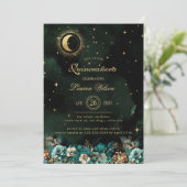 Celestial Bloemen Groen Goud Sterren Quinceanera Kaart (Staand voorkant)