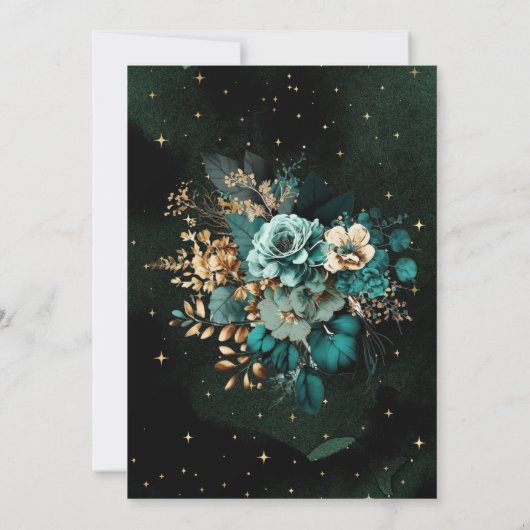 Celestial Bloemen Groen Goud Sterren Quinceanera Kaart (Achterkant)