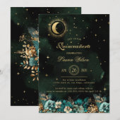 Celestial Bloemen Groen Goud Sterren Quinceanera Kaart (Voorkant / Achterkant)