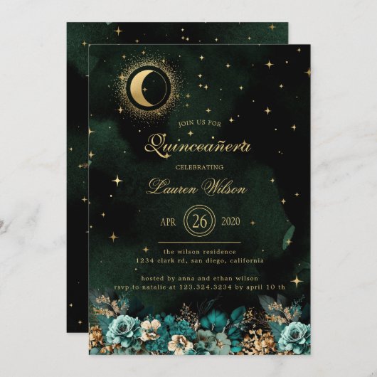 Celestial Bloemen Groen Goud Sterren Quinceanera Kaart (Voorkant / Achterkant)