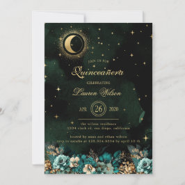 Celestial Bloemen Groen Goud Sterren Quinceanera Kaart