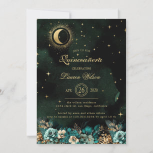 Celestial Bloemen Groen Goud Sterren Quinceanera Kaart