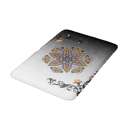 Celestial Bloom – Black & White Mandala Floral Des Badmat (Gekanteld)