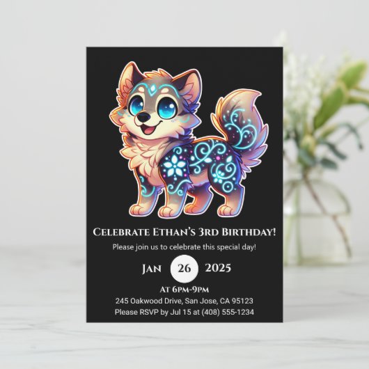 Celestial Bloom Wolf Birthday Invitation Kaart (Staand voorkant)