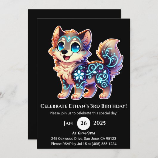 Celestial Bloom Wolf Birthday Invitation Kaart (Voorkant / Achterkant)