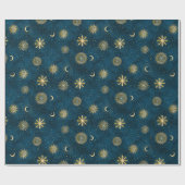 Celestial Blue and Gold Sterrennacht Crescent Moon Cadeaupapier (Vlak)