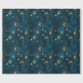 Celestial Blue and Gold Sterrennacht Crescent Moon Cadeaupapier (Vlak)