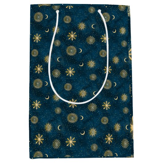Celestial Blue and Gold Sterrennacht Crescent Moon Medium Cadeauzakje (Voorkant)