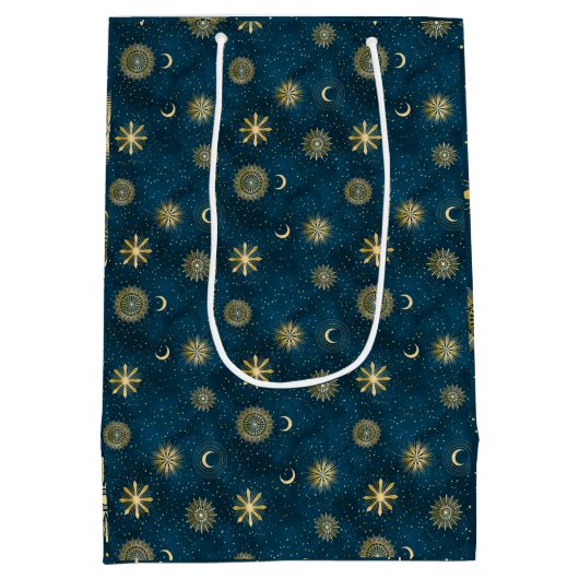 Celestial Blue and Gold Sterrennacht Crescent Moon Medium Cadeauzakje (Achterkant)