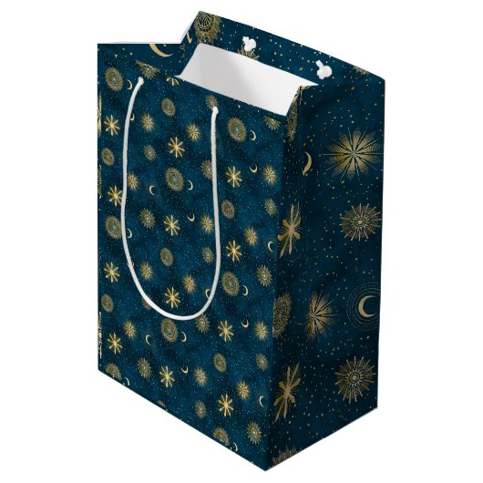 Celestial Blue and Gold Sterrennacht Crescent Moon Medium Cadeauzakje (Achterkant Gekanteld)
