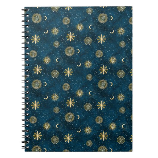 Celestial Blue and Gold Sterrennacht Crescent Moon Notitieboek (Voorkant)