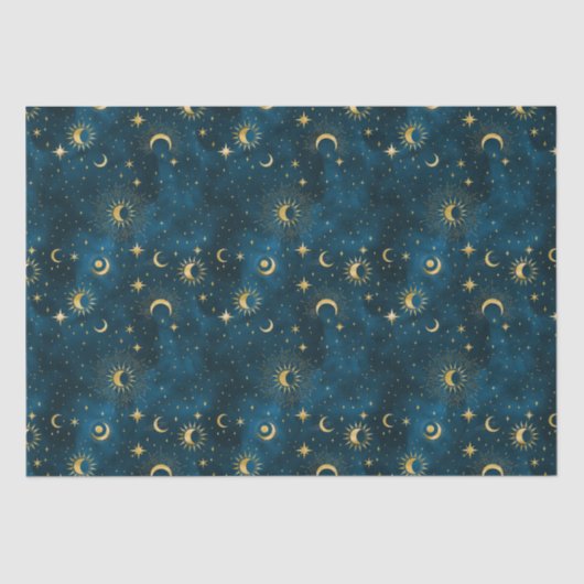 Celestial Blue and Gold Sterrennacht Crescent Moon Tissuepapier (Voorkant)