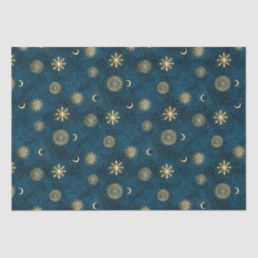Celestial Blue and Gold Sterrennacht Crescent Moon Tissuepapier (Voorkant)