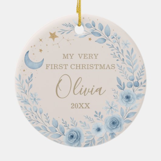 Celestial Blue Baby First Christmas Photo Keramisch Ornament (Achterkant)