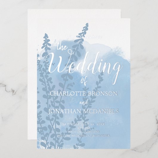 Celestial Blue Botanical Waterverf Wash Weddenscha Folie Uitnodiging (Voorkant / Achterkant)