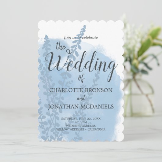 Celestial Blue Botanical Waterverf Wash Weddenscha Kaart (Staand voorkant)
