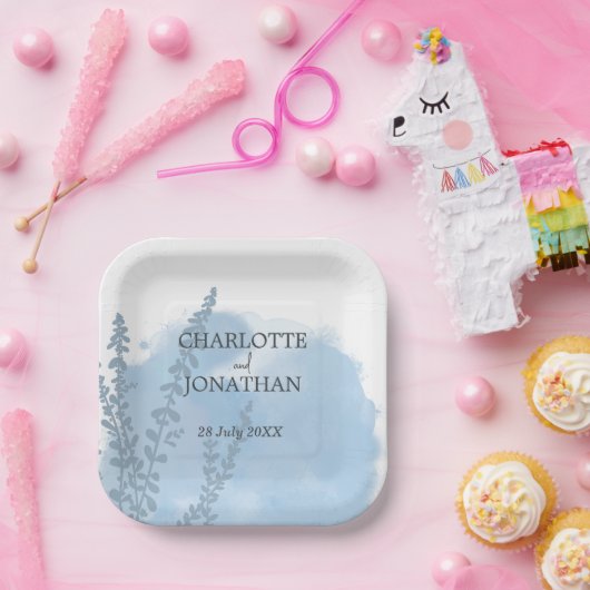 Celestial Blue Botanical Waterverf Wash Weddenscha Papieren Bordje (Feest)