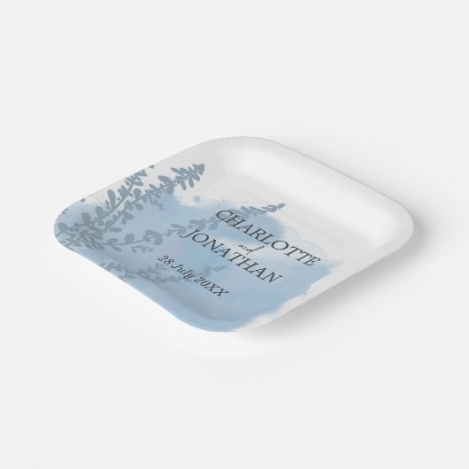 Celestial Blue Botanical Waterverf Wash Weddenscha Papieren Bordje (Gebogen)