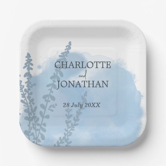 Celestial Blue Botanical Waterverf Wash Weddenscha Papieren Bordje (Voorkant)